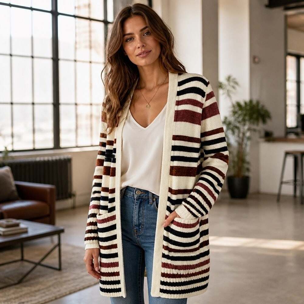 BKE Women's Striped Chenille Open Front Long Cardigan Sweater Size L